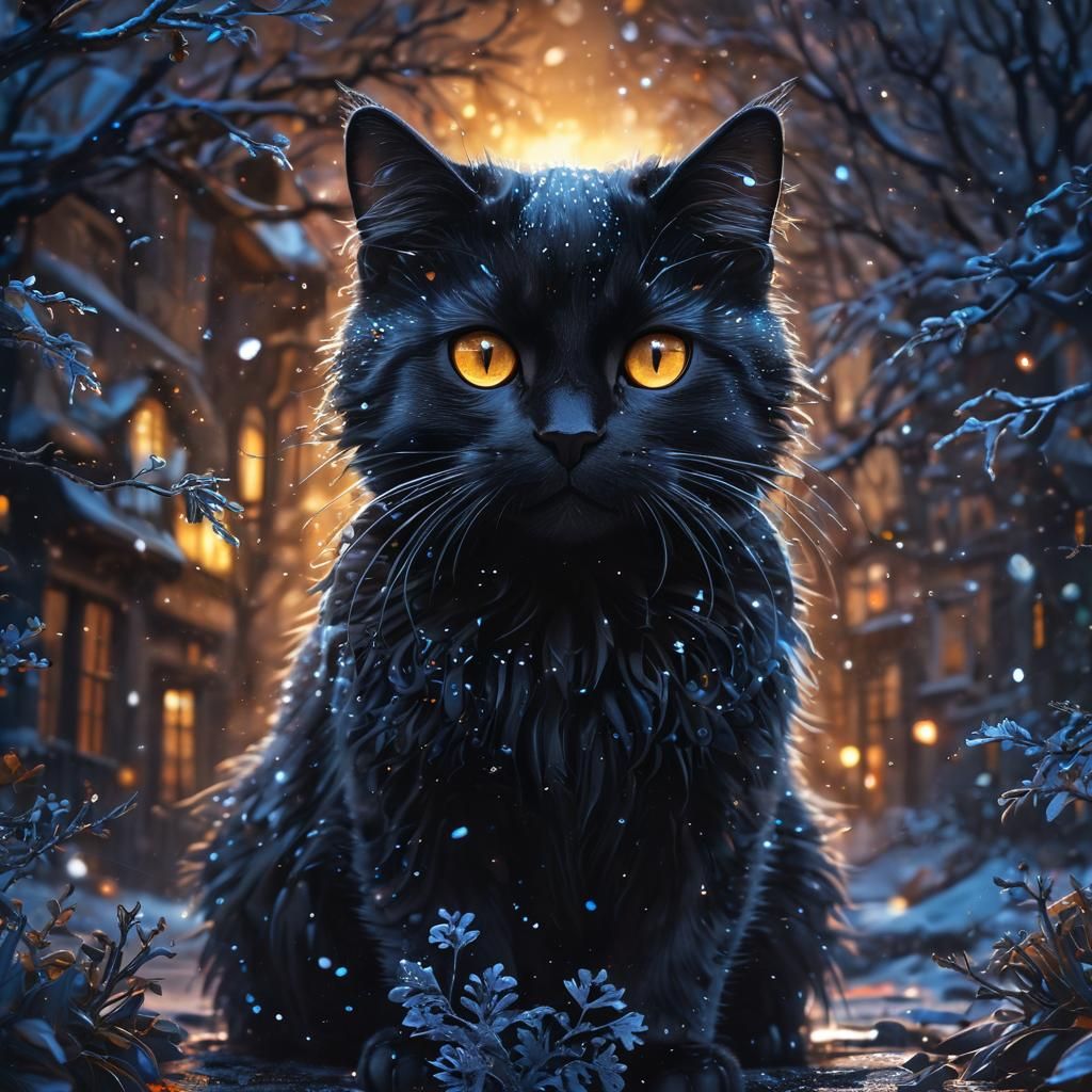 Child and Black Cat in Mystical Winterfall, Ink Artwork