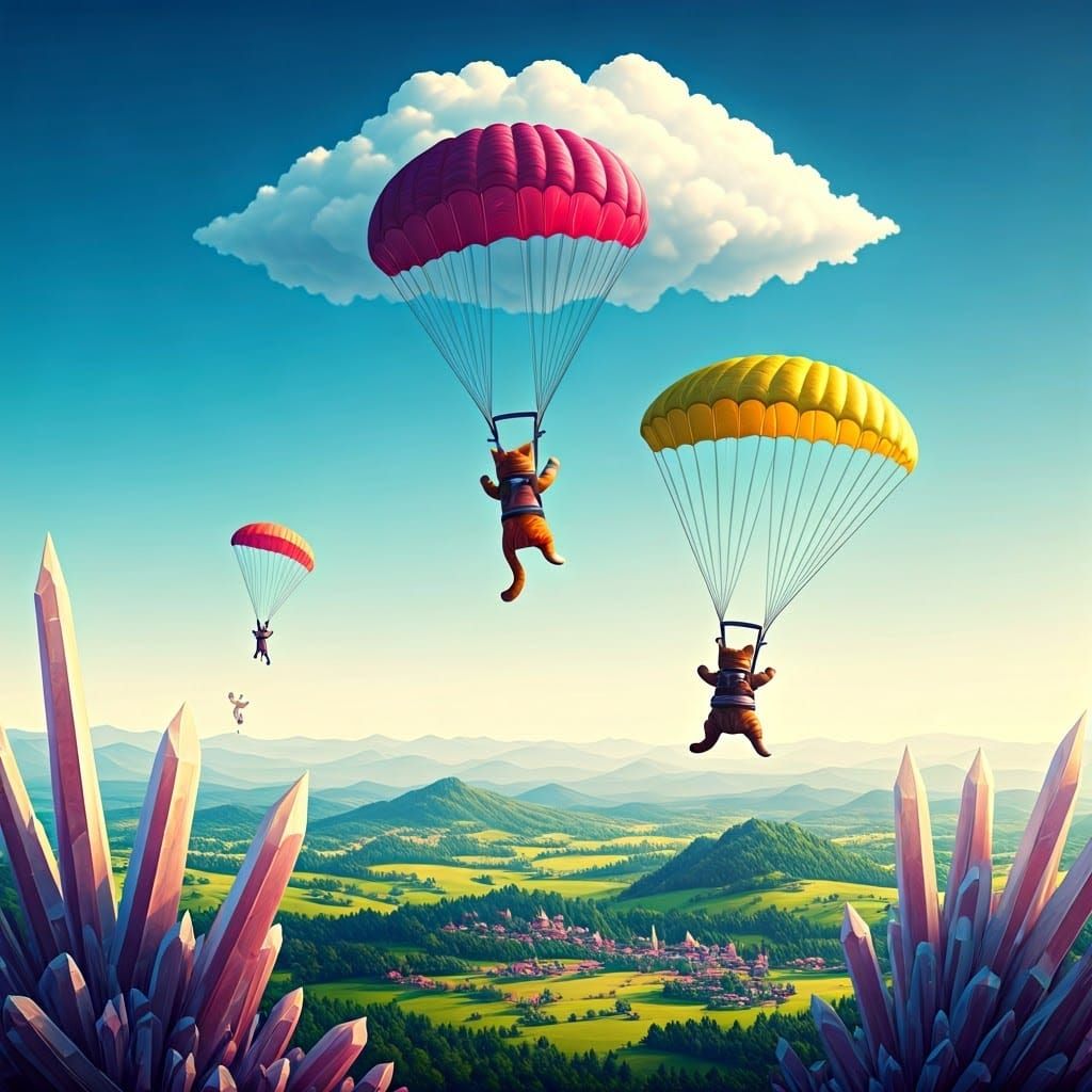 Parachuting Felines Descend Over Mystical Landscape