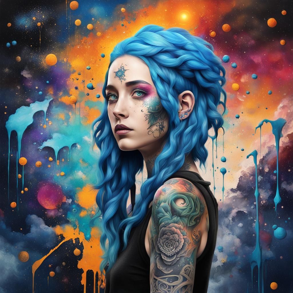 Beautiful woman with blue hair standing in front of an abstr...
