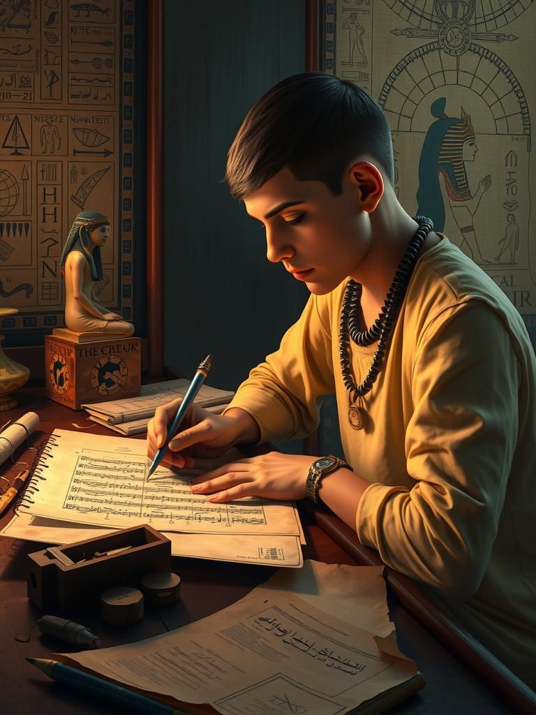 Egyptian Scribe Composing Melody on Papyrus