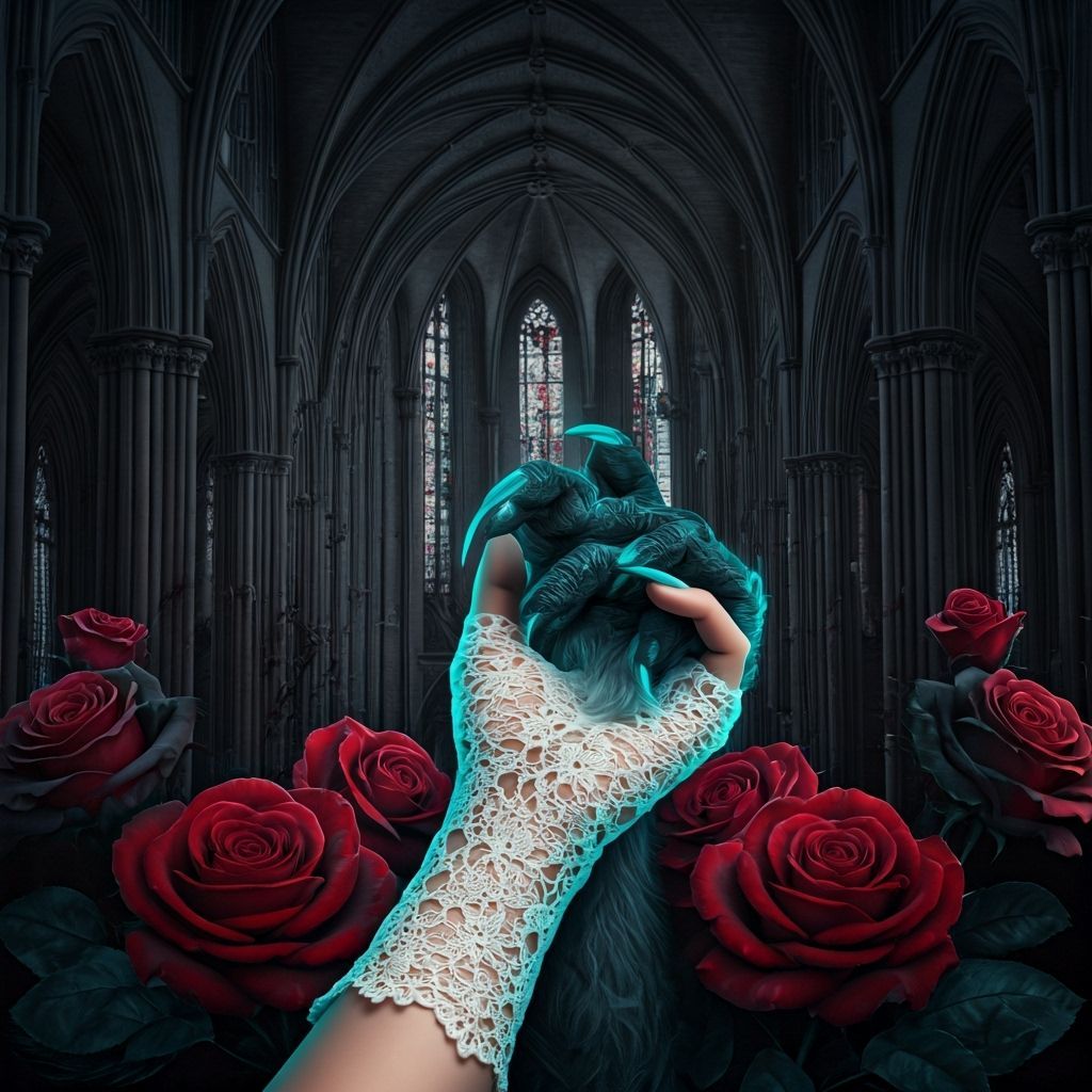 Gothic Romance: Lace Glove Holds Werewolf Hand Amidst Roses