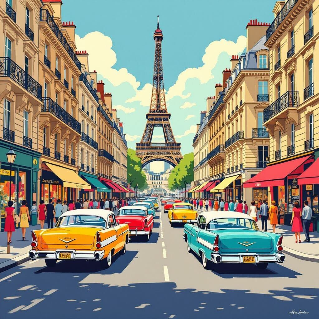 1960s Paris Street Scene in Vintage Poster Style