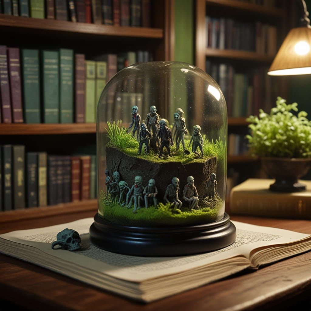 Zombie Prom Diorama in Terrarium on Library Table
