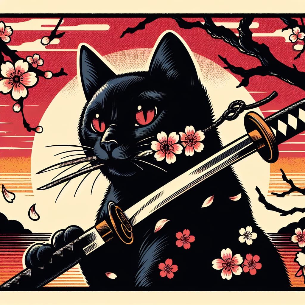 Black Cat Samurai with Cherry Blossoms, Ukiyo-e Style