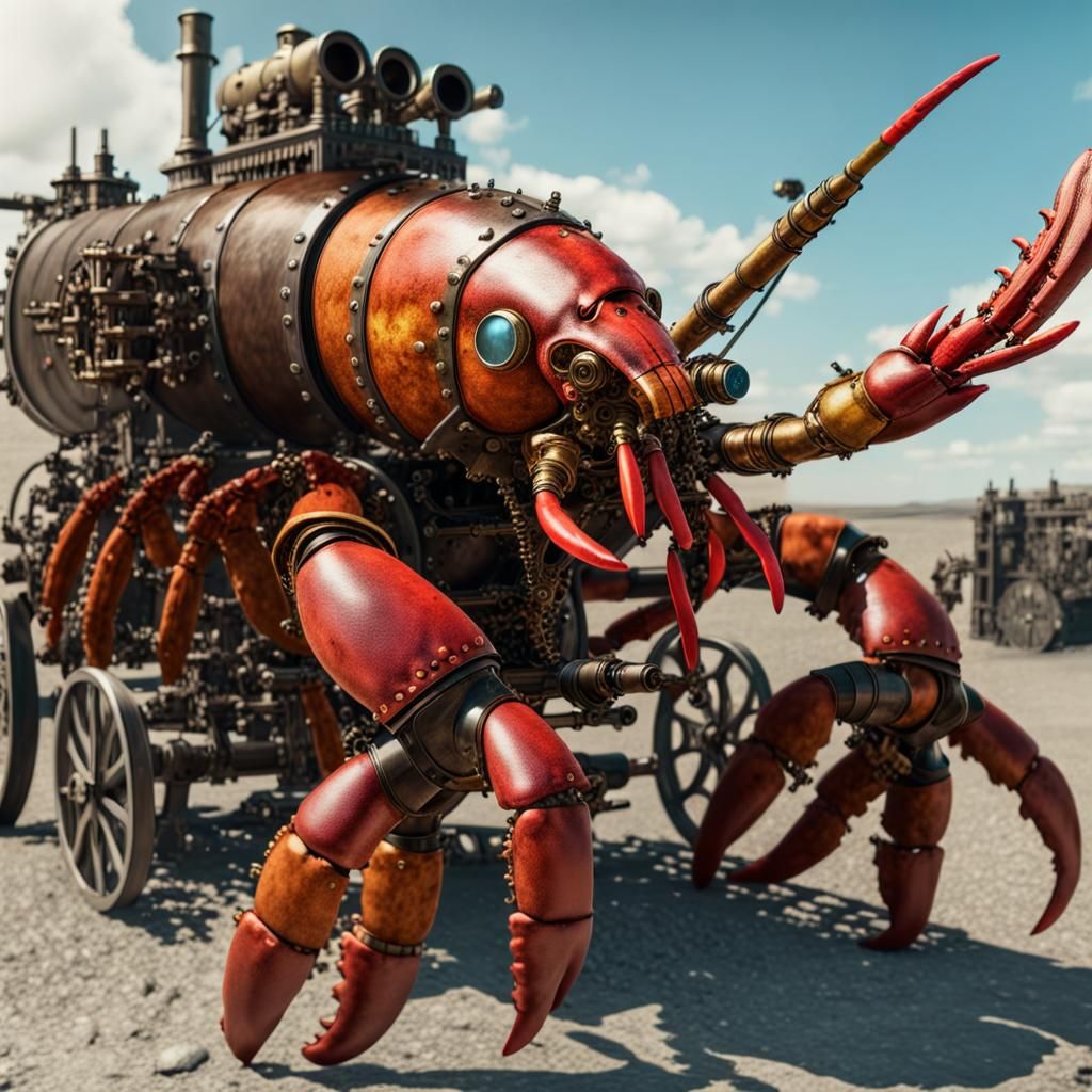 Steampunk Lobster Mech Piloted by Dwarf King