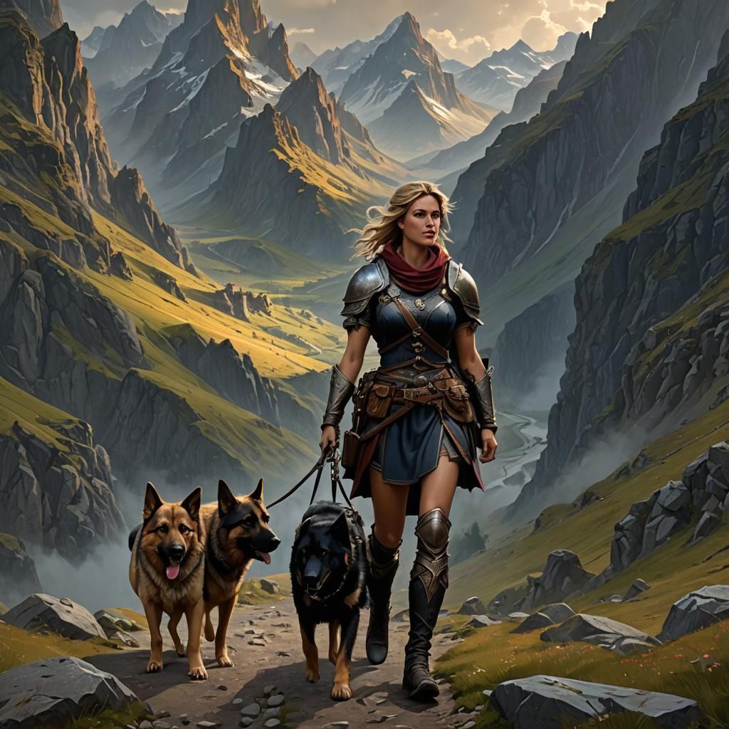 Medieval Adventurer and Dog in Mountain Pass