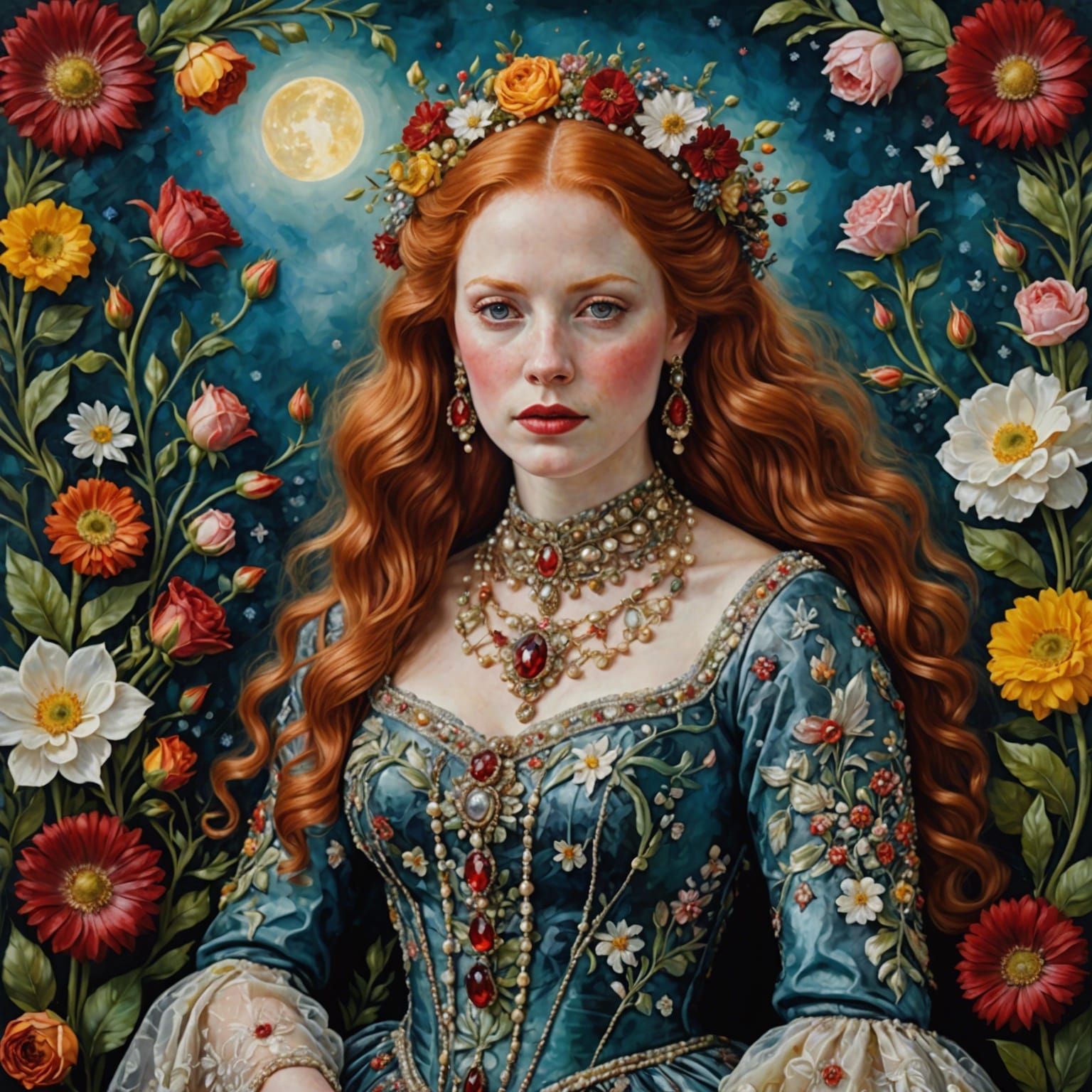 Encaustic Painting of Woman in Celestial Garden