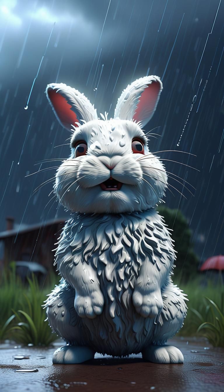 Moody Bunny in a Rainy Cloudscape in Hyperrealistic Digital....