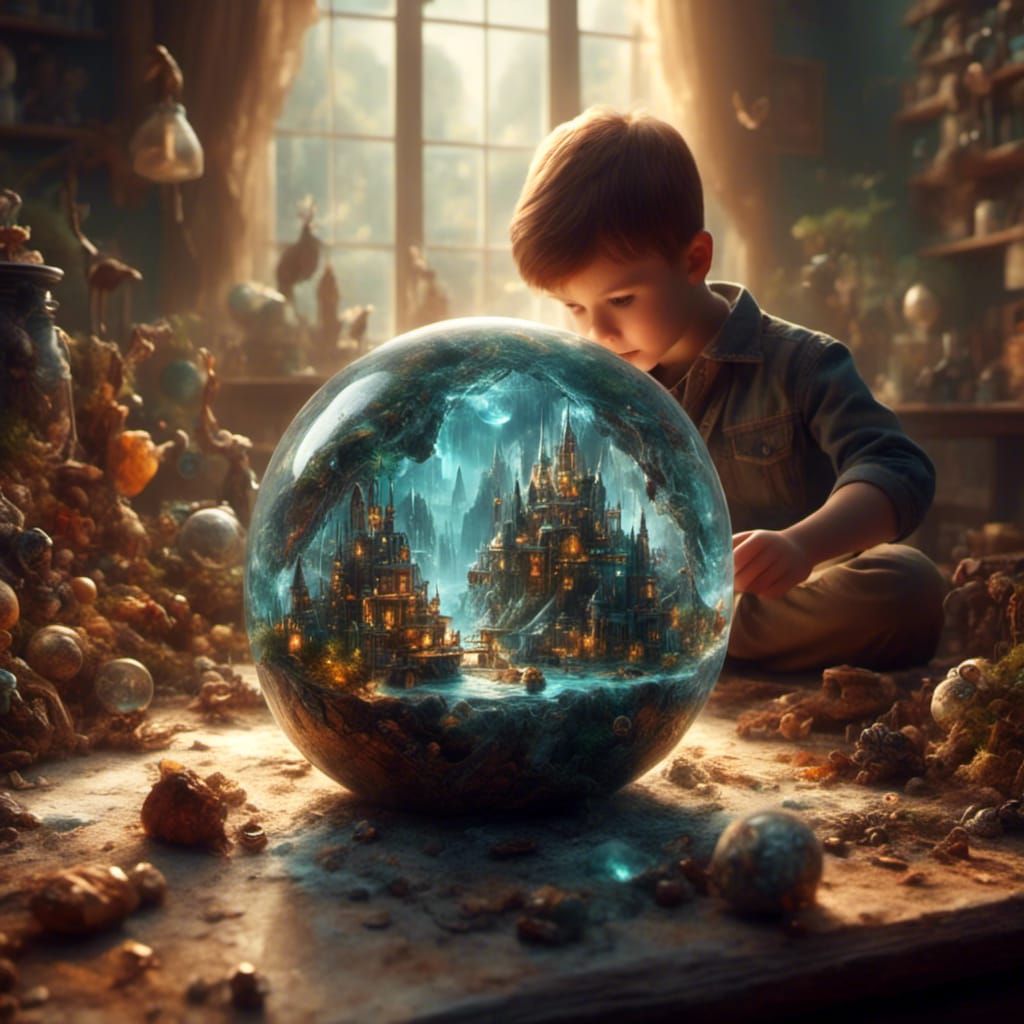 Magical Sphere Scene with Boy, Detailed Matte Painting