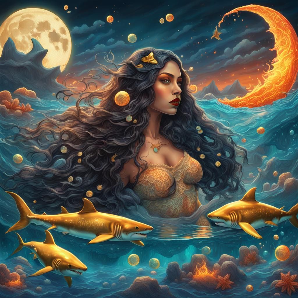 Surreal Candy Art: Woman on Shark with Mermaid