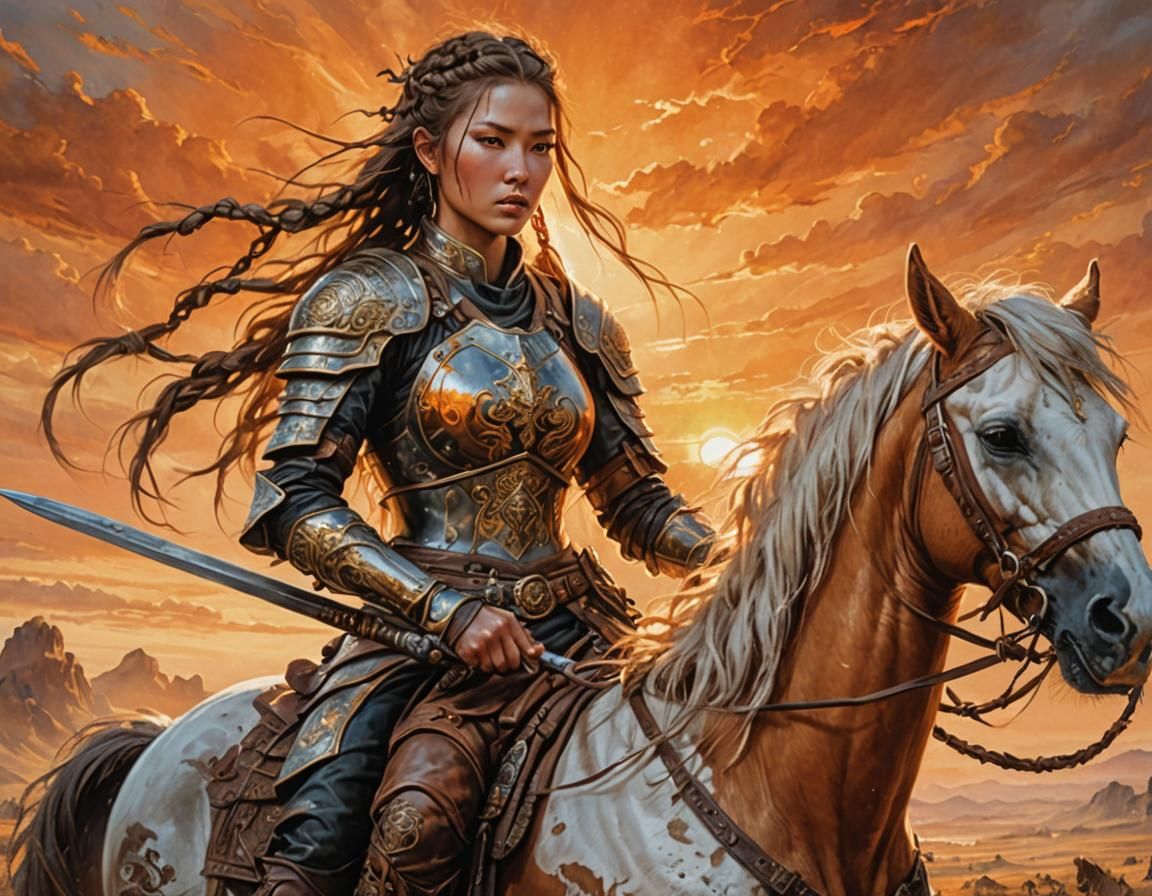 beautiful female Mongol warrior riding warpony on the steppe...