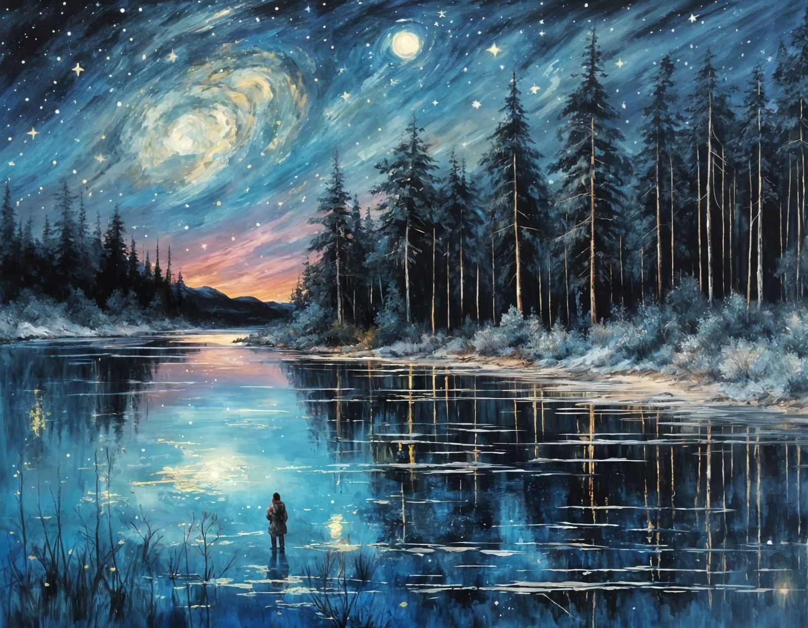 A breathtaking landscape where a lone figure sits peacefully at the lake’s edge, gazing at the sky and the reflections o...