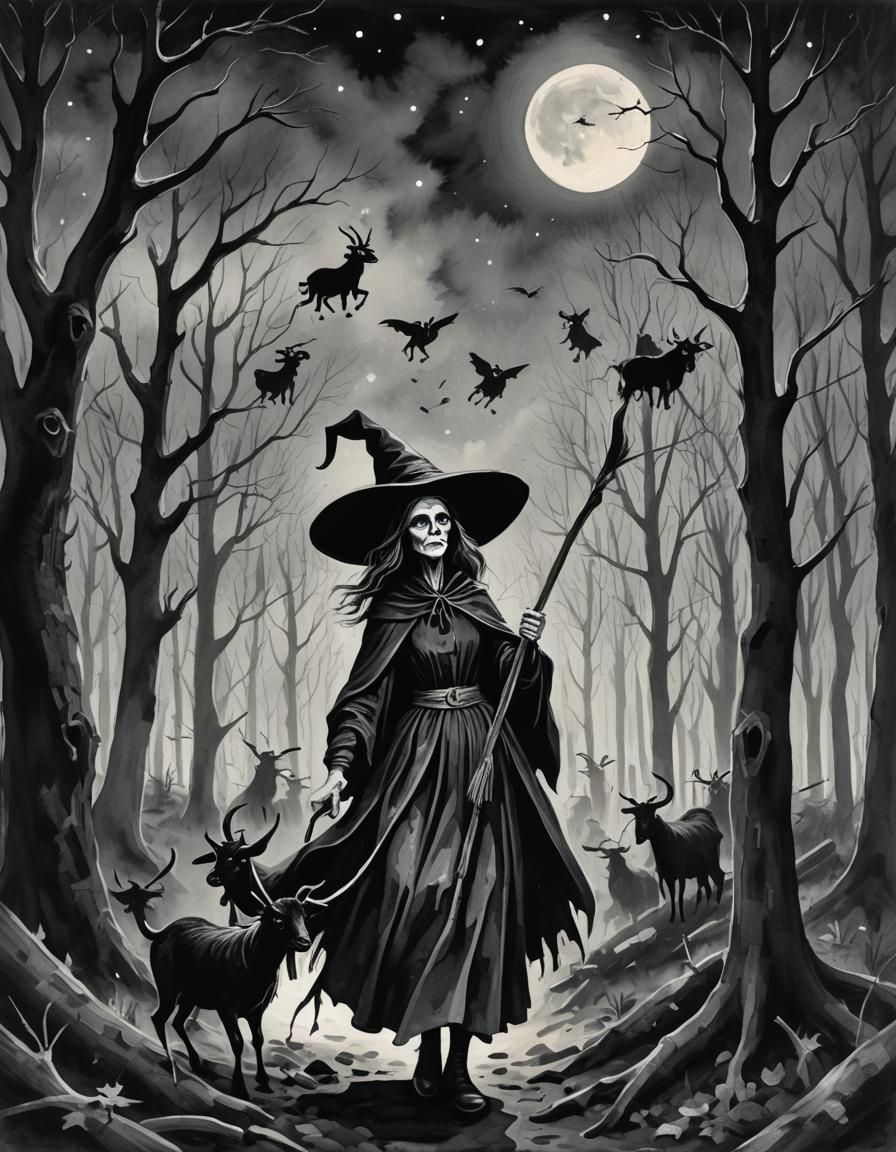 Puritan Witch in Haunted Forest, Gouache Style