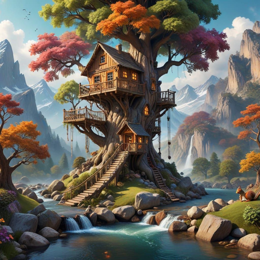 Mountains, Squirrels, Rocks, and Treehouse: Photorealistic F...