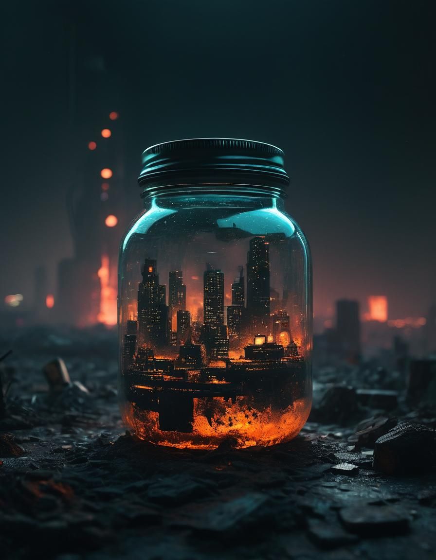 Cyberpunk Jar Reflecting Dystopian Wasteland