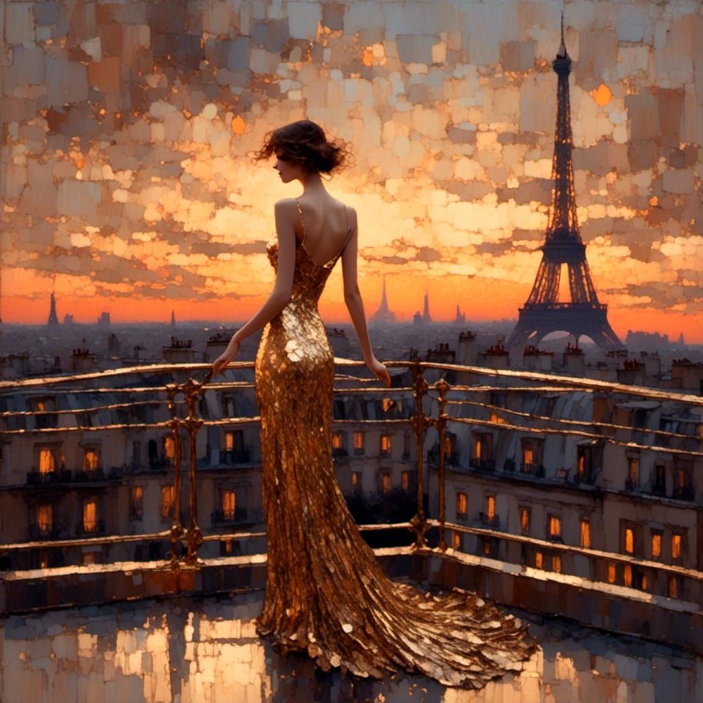 Art Deco Woman on Parisian Rooftop at Sunset