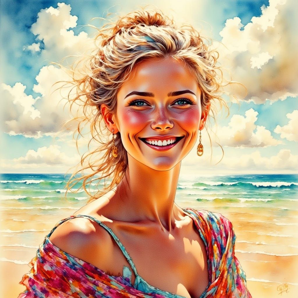 Radiant Woman with Ravishing Smile, Watercolor Painting