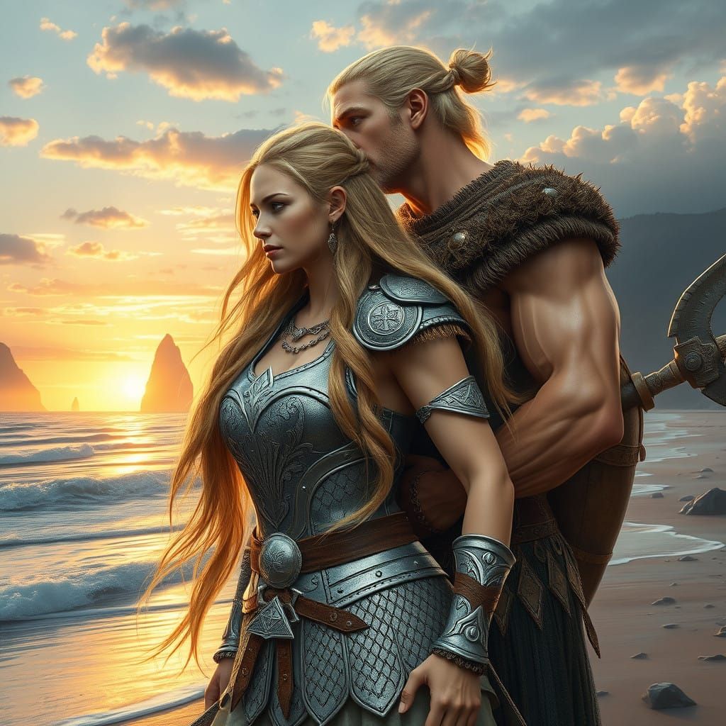 Viking Warrior Goddess in a Sunset Beach Scene, Rendered in...