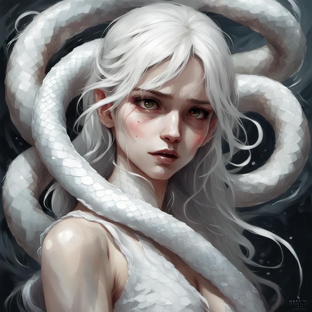 Cute White Snake in Grotesque Gothic Style