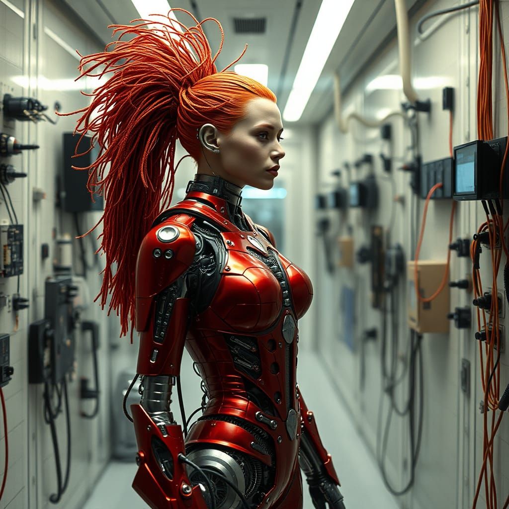 Fiery Cyborg in Futuristic Lab, Cinematic Film Still