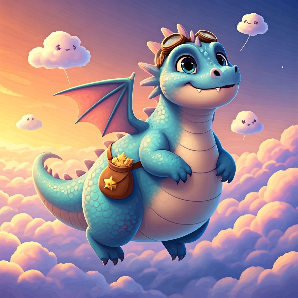 Cartoon Dragon Flying Through Clouds