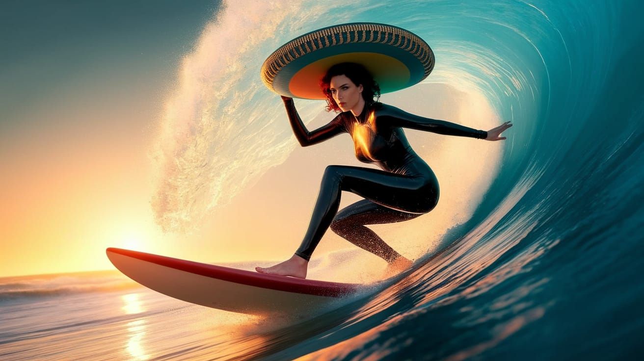 Vampire Surfer Rides Wave Under Sunset