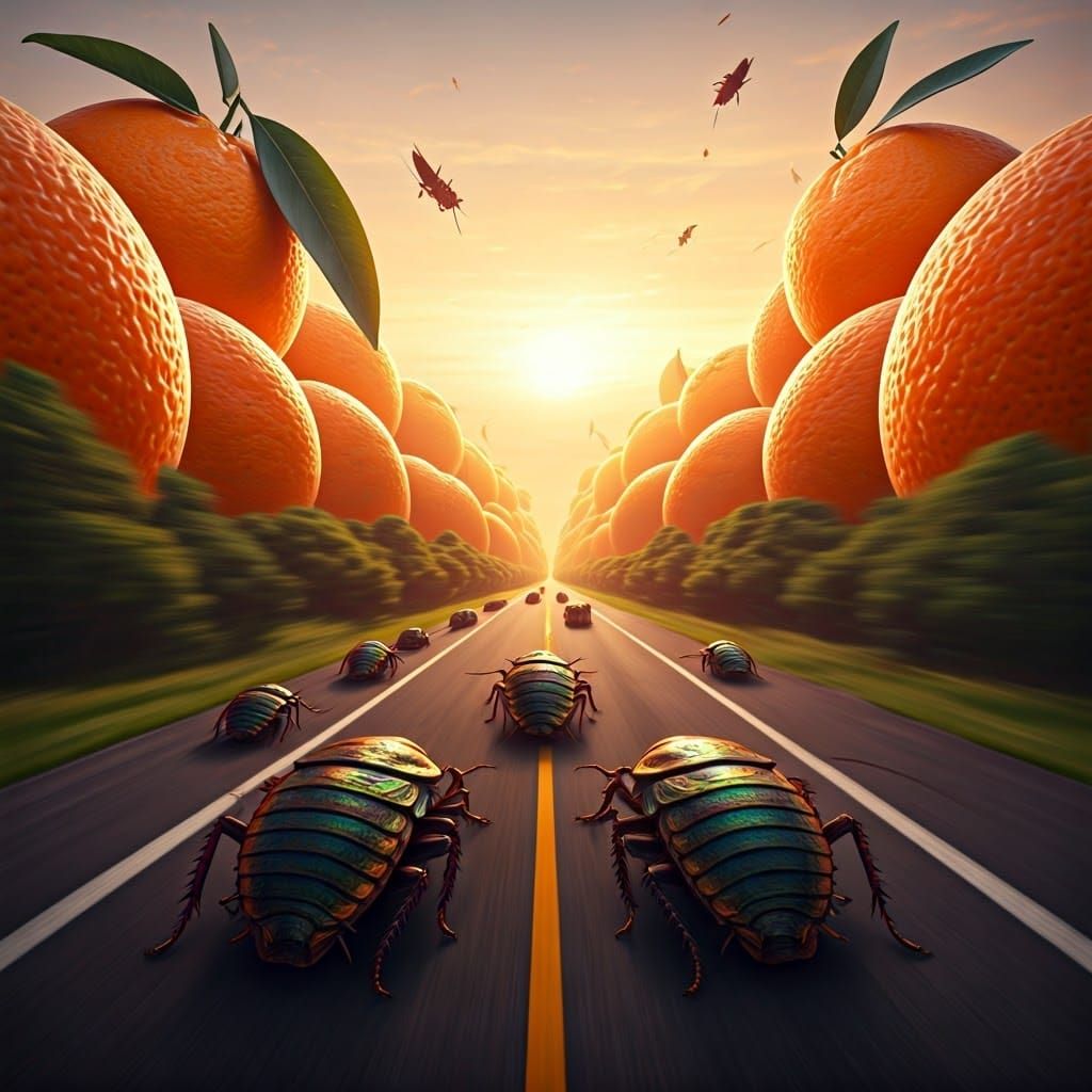 Giant Cockroach Race at Lemony Sunset, Hyper-Realistic