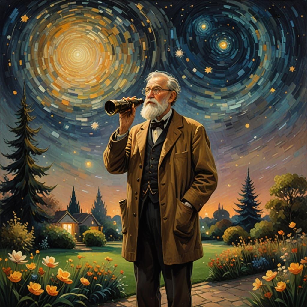 Elderly Astronomer Contemplates Starry Night Sky in Dreamy I...