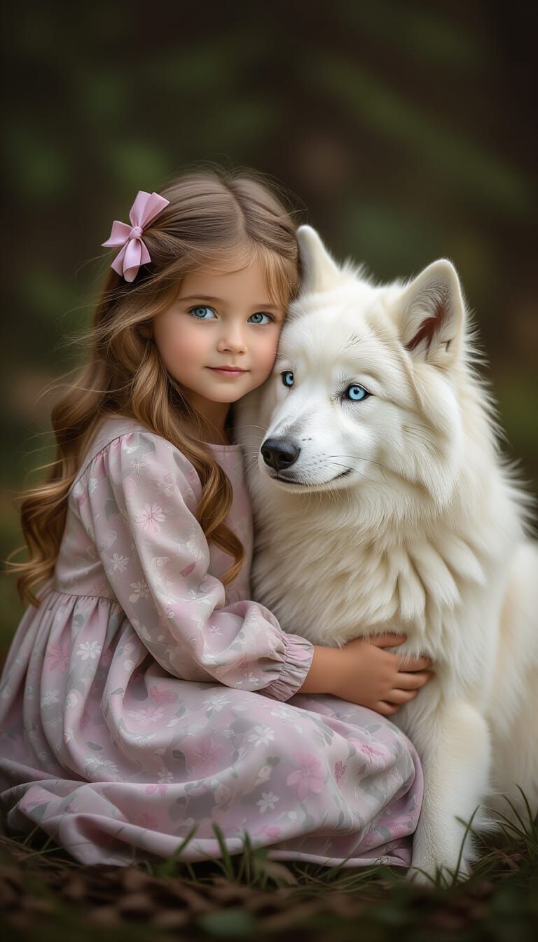 Hyperrealistic Girl with Lavender Hair Plays with Wolf in En...