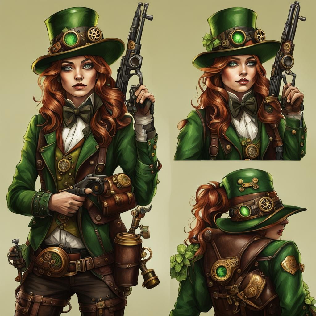 Steampunk Leprechaun Girl with Rifle and Monocle