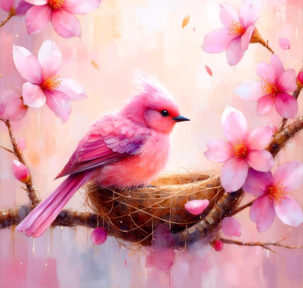 Pink Bird in Cherry Blossom Nest: Watercolor Style