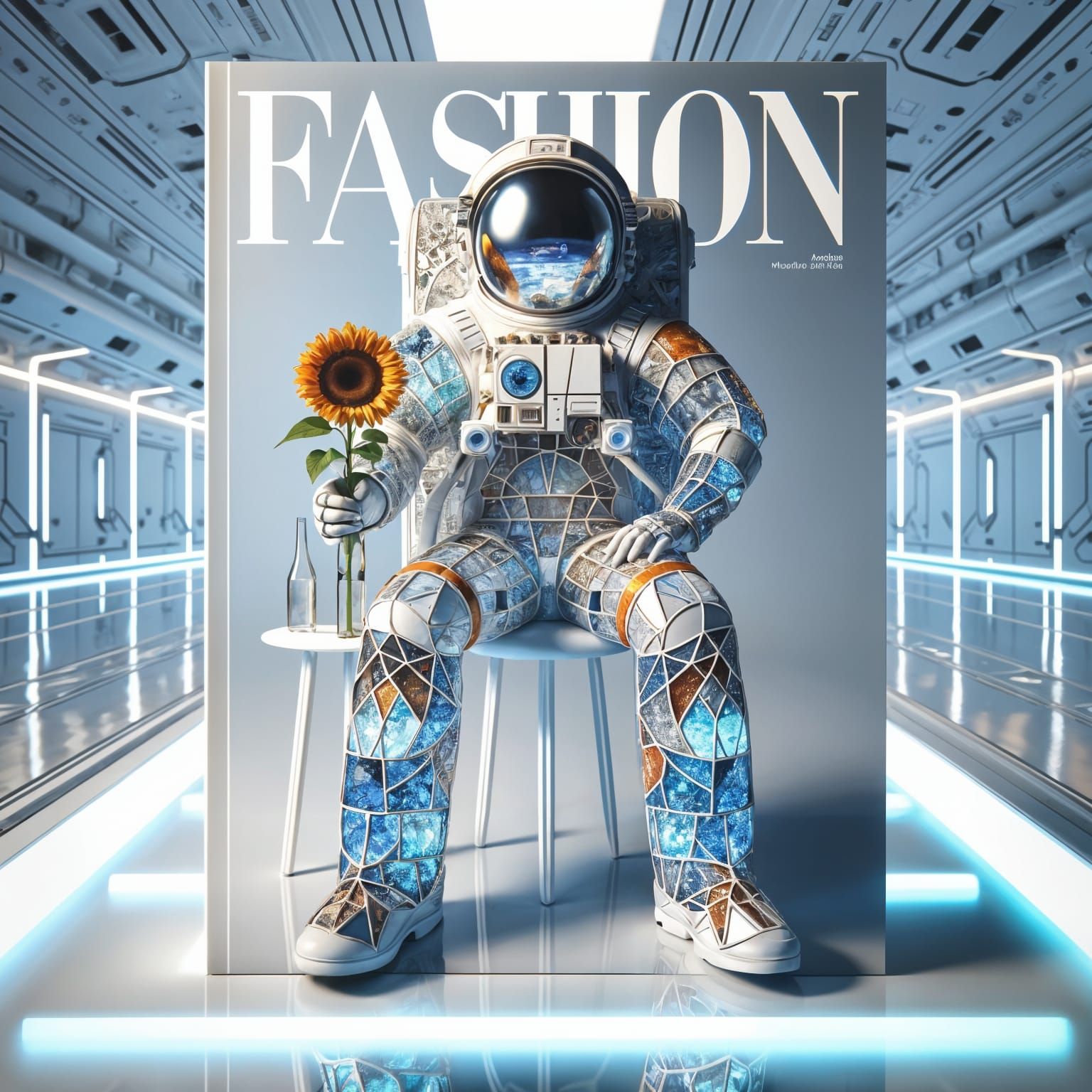 Surreal Fashion Cover with Stained Glass Astronaut
