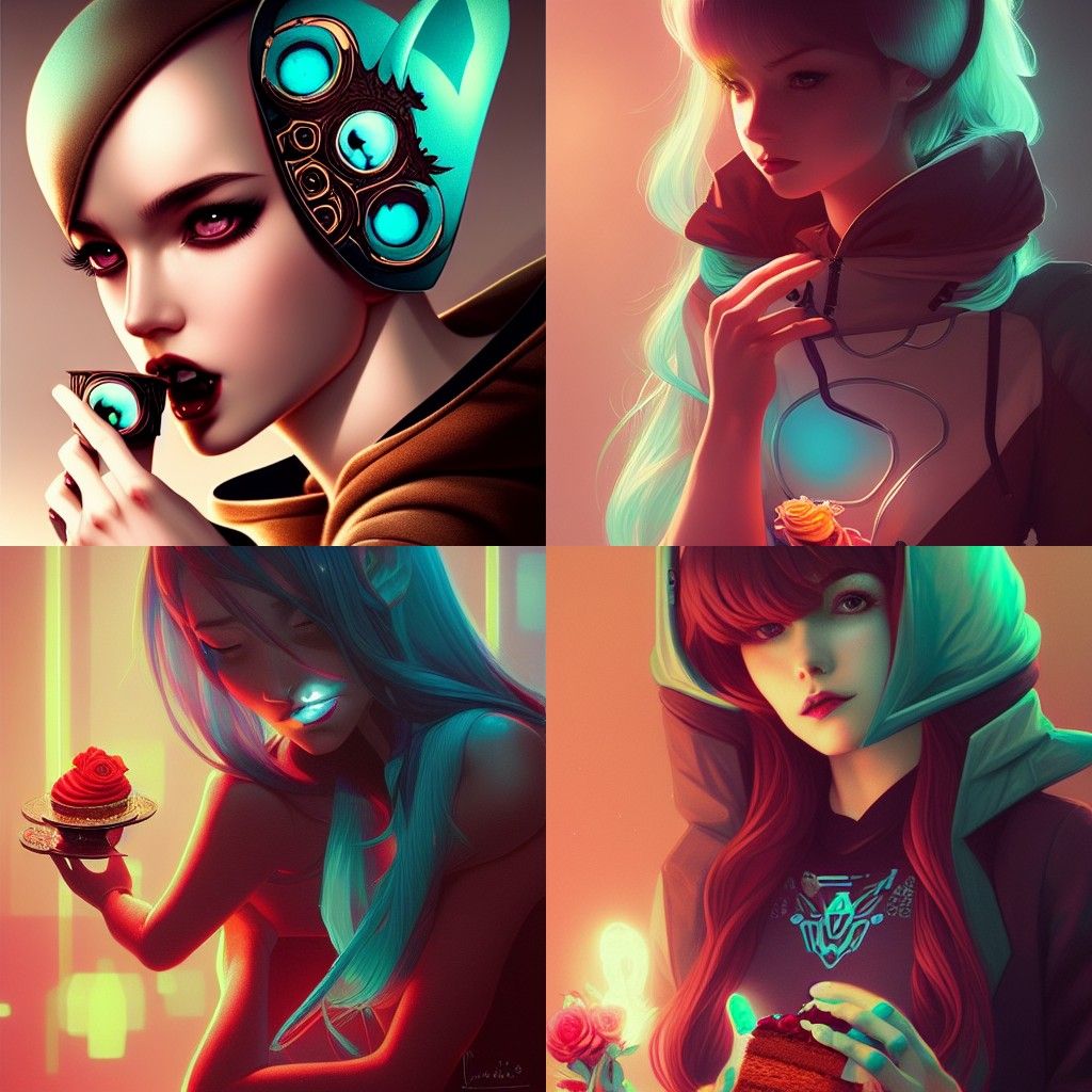 Robotic Fox Girl Eating Cake, Pin-Up Portrait