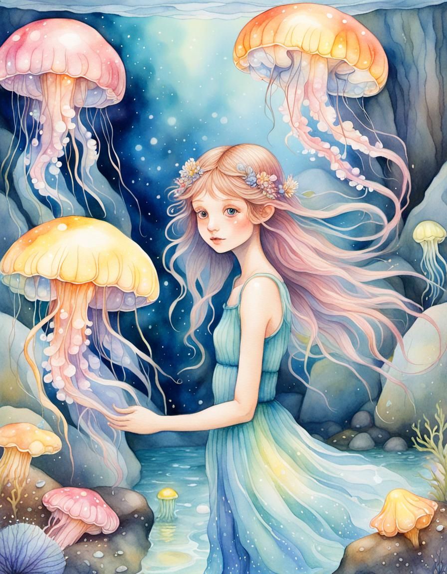 Seaside Fairy with Jellyfish Hair in Watercolour