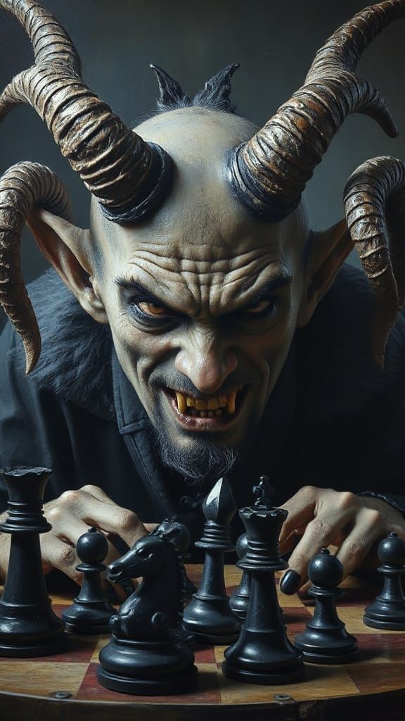 Evil Imp Plays Chess: A Chiaroscuro Oil Painting