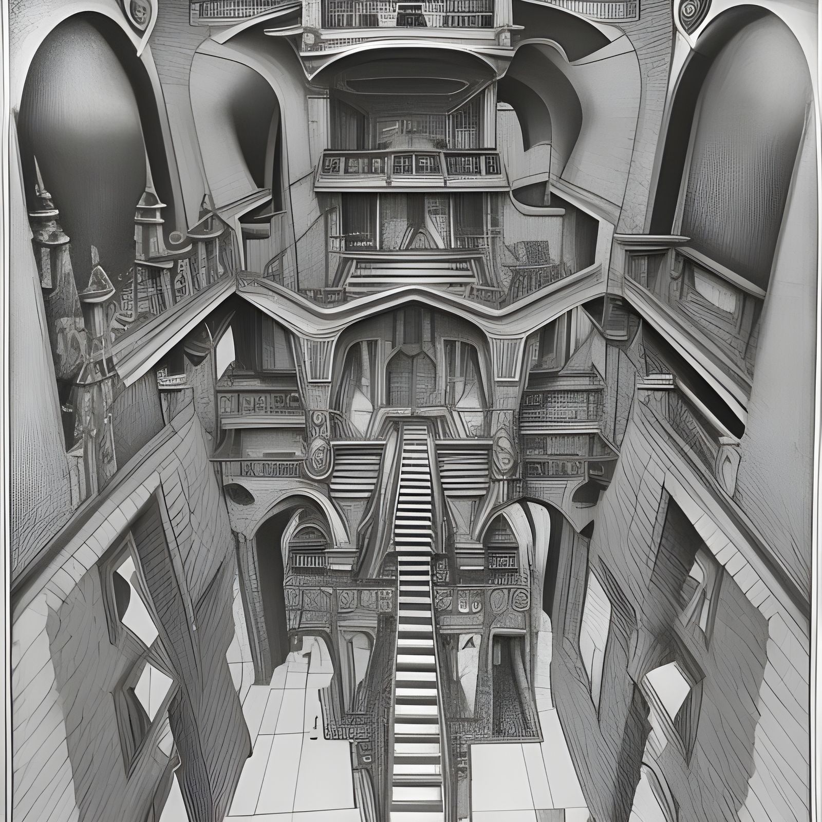Detailed M.C. Escher Drawing in Maximalist Style