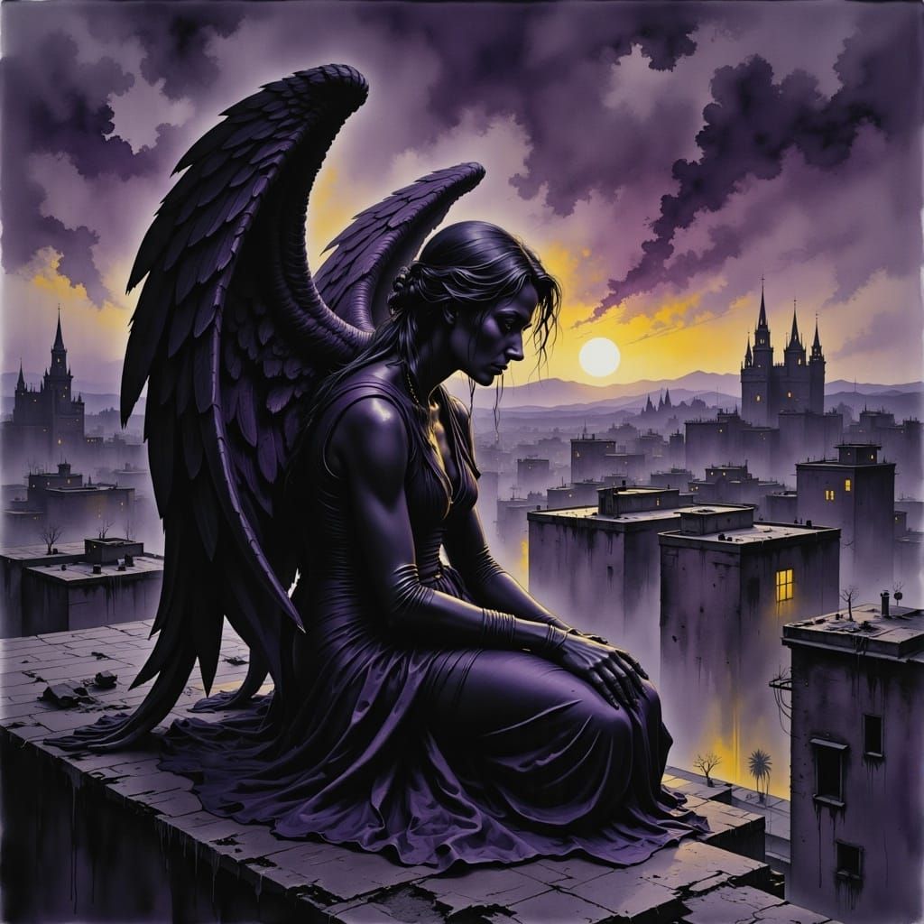 Dark Angel Kneeling on Rooftop at Twilight