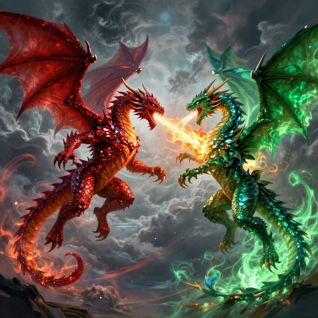 Ruby and Emerald Dragons Battle in Stormy Skies