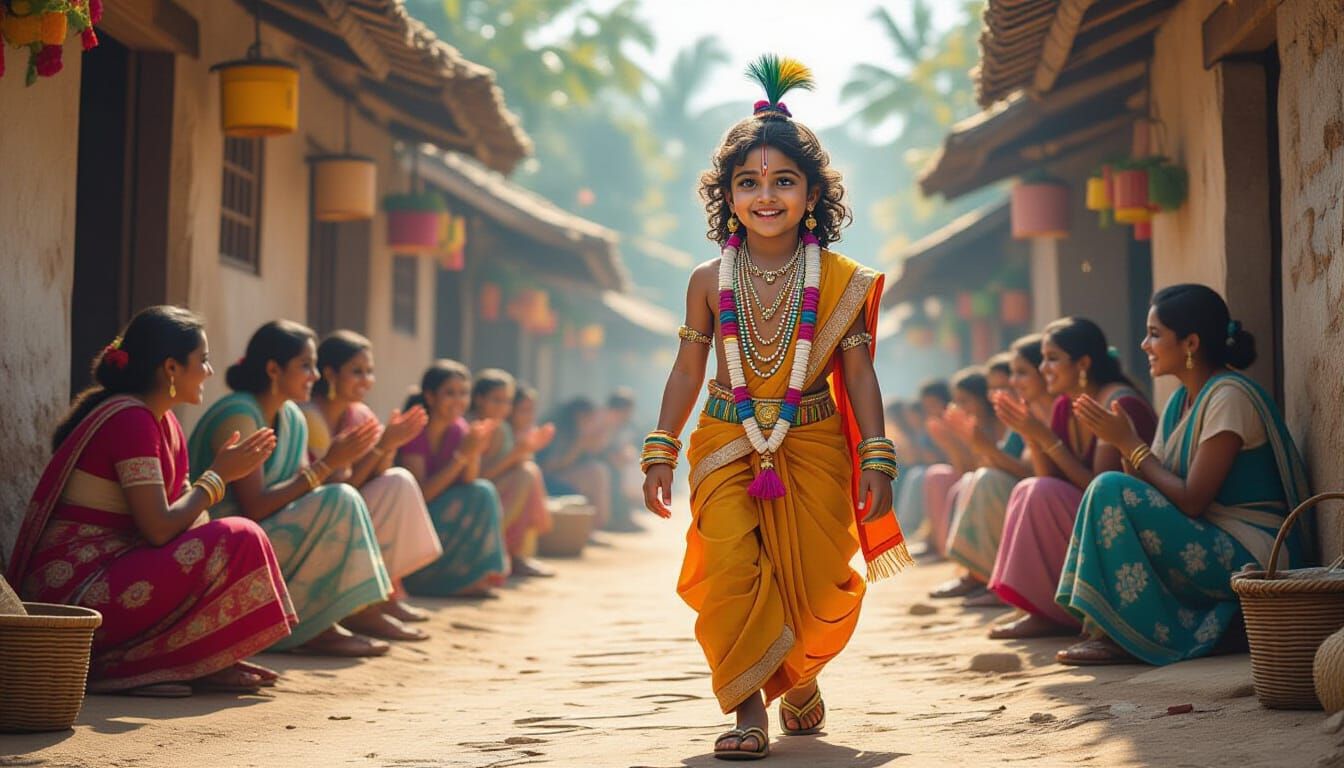 Krishna as Bangle Seller: Hyperrealistic Village Scene