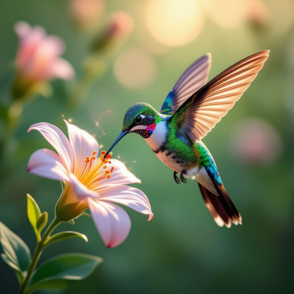 Iridescent Hummingbird Sips Nectar from Glass Flower in Hype...