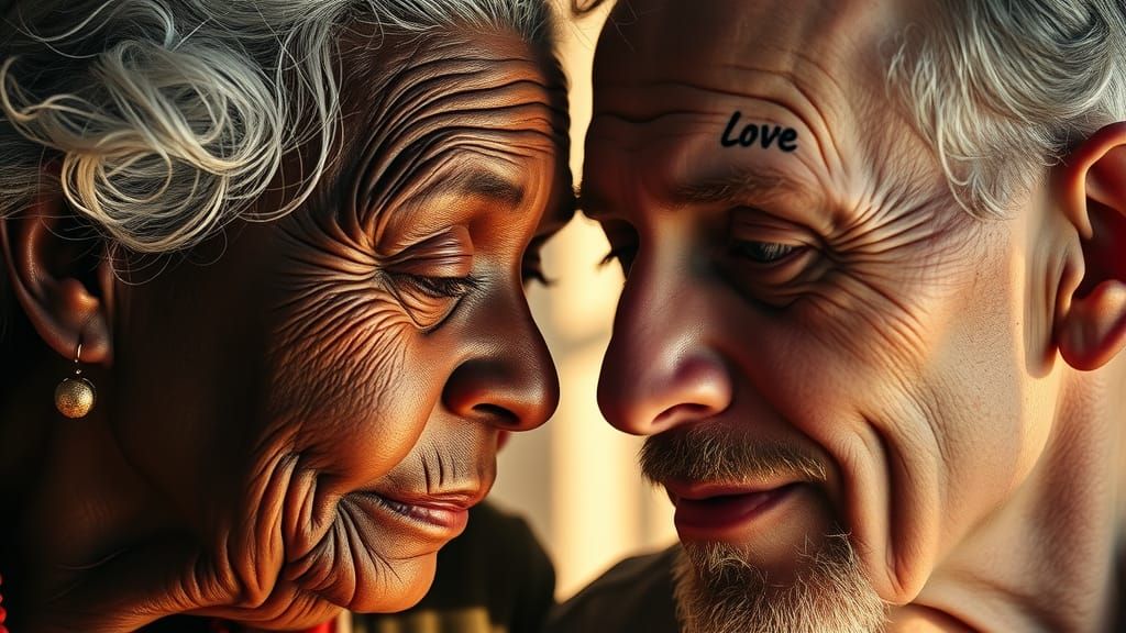 Loving Elderly Couple Portrait with Forehead Tattoos