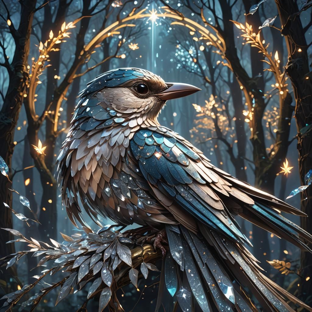 Diamond Bird in Sparkling Forest: Digital Art