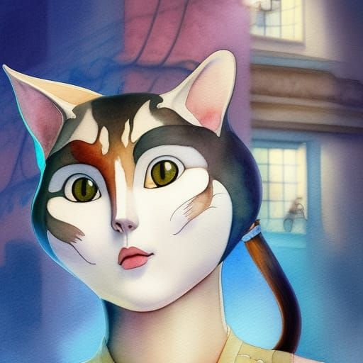 Cat-Faced Woman: Storybook Illustration in Anime Style