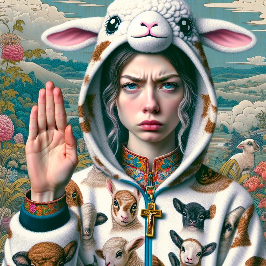 Woman in Lamb Costume Blessing, Japanese Art Style