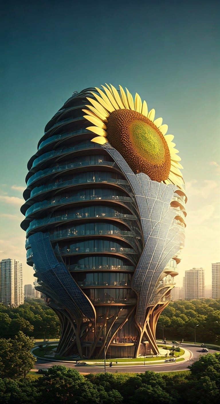Solarpunk biomorphic block of flats in the shape of a sunflower with the leaves as solar panels