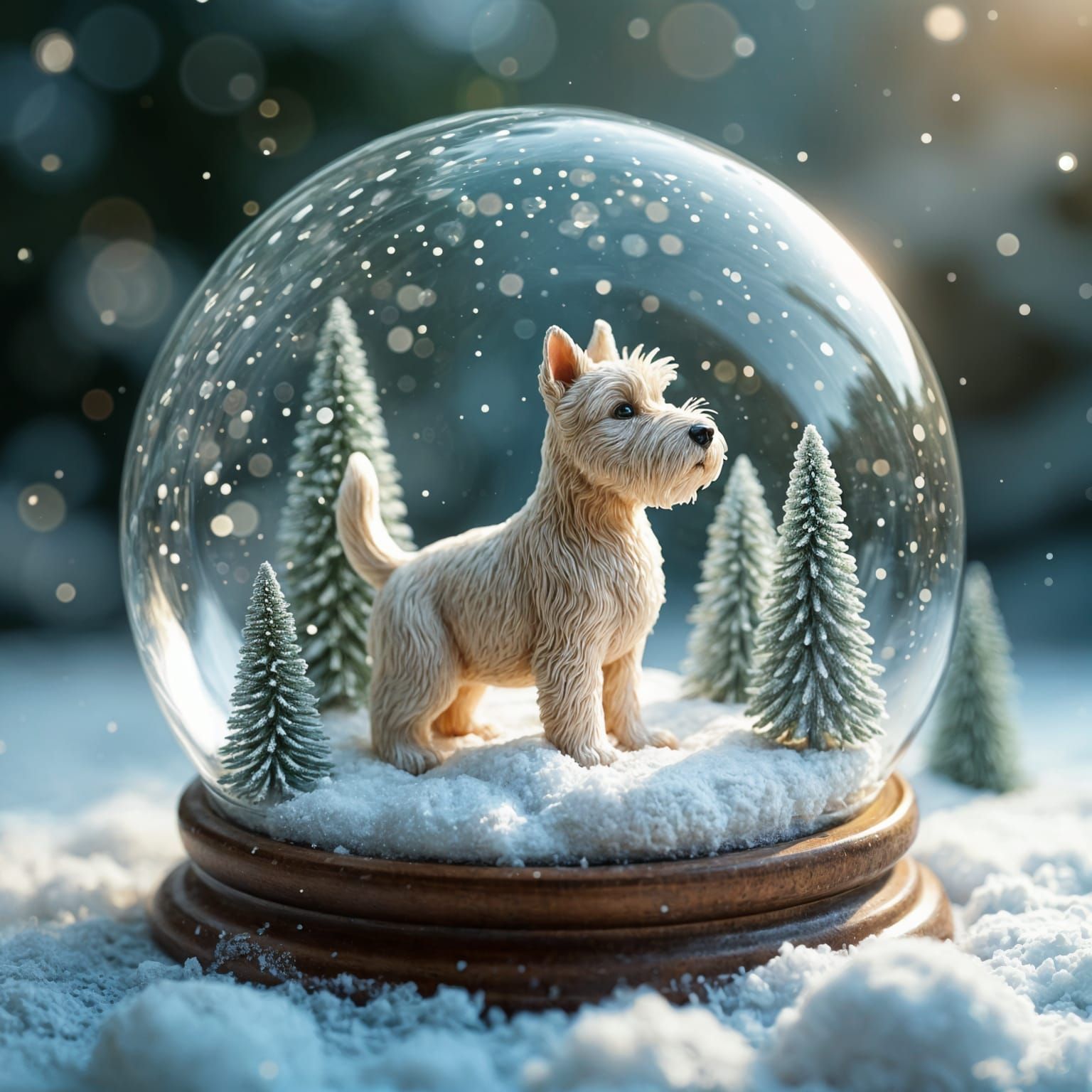Scottie Dog in Snowglobe, Surreal Winter Scene