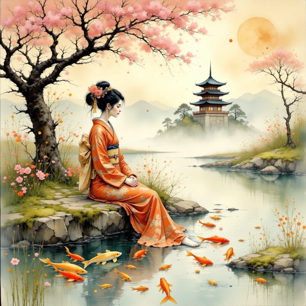 Serene Geisha in Watercolor Style Japan Landscape