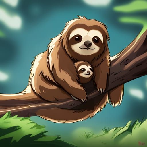 Sloth Mother and Cub in Anime Style