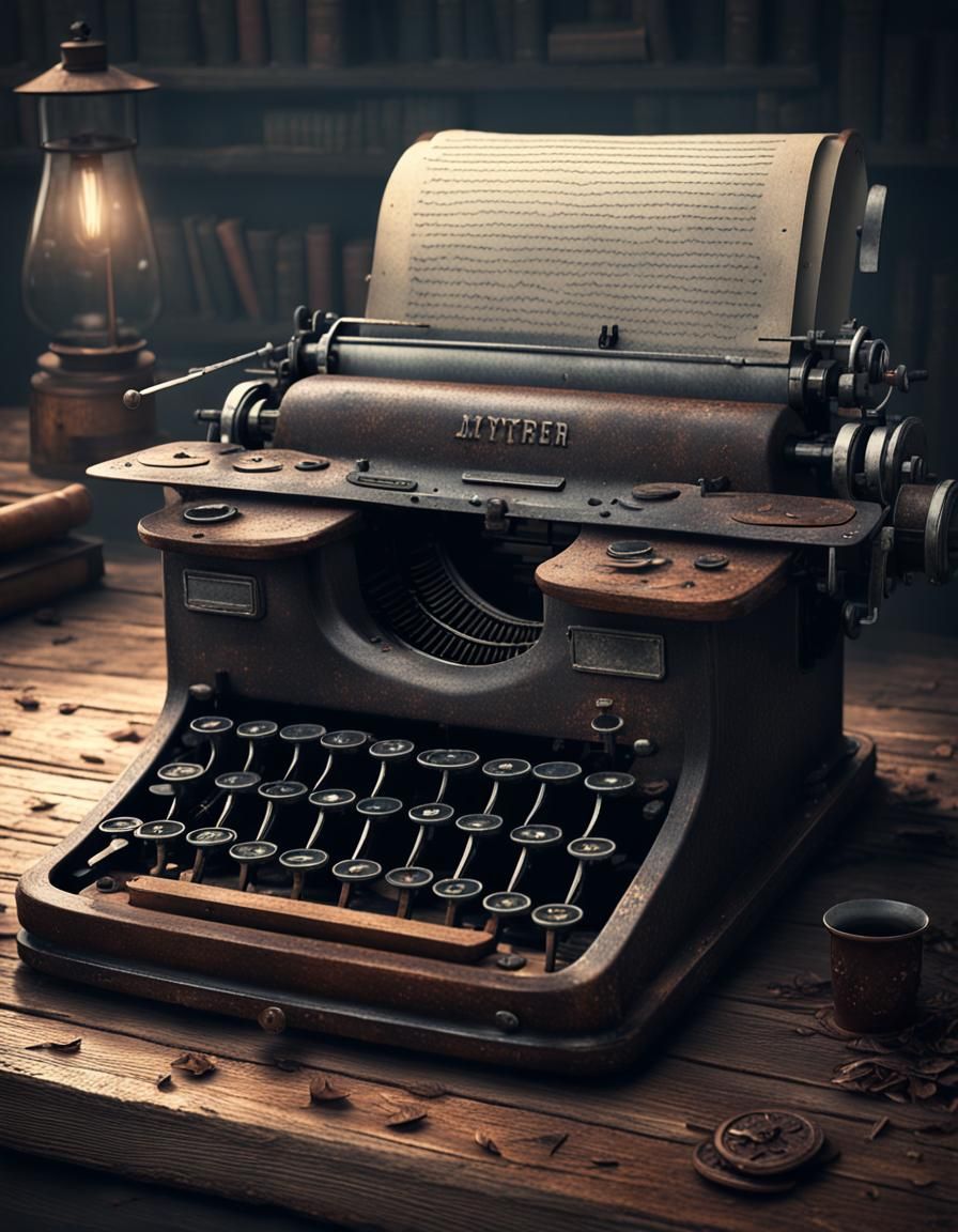 Old Rusty Typewriter on Wooden Table in Gloomy Style