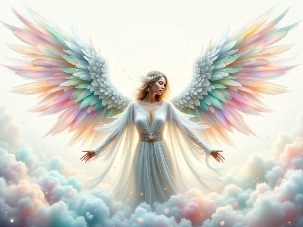 Whimsical Angel in Clouds with Pastel Wings
